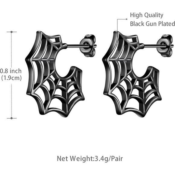 Halloween Spider Stud Earrings Silver/Black Gun Plated Spider Web Dangle Earring - Picture 4 of 5